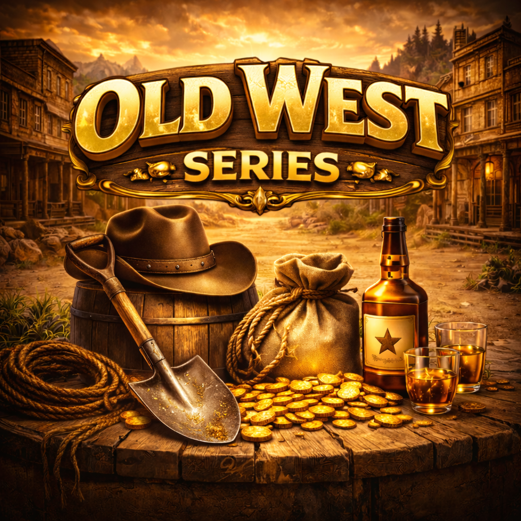 Old West Series mystery pack — western scene with cowboy hat and gold bags